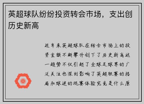 英超球队纷纷投资转会市场，支出创历史新高