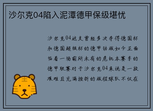 沙尔克04陷入泥潭德甲保级堪忧